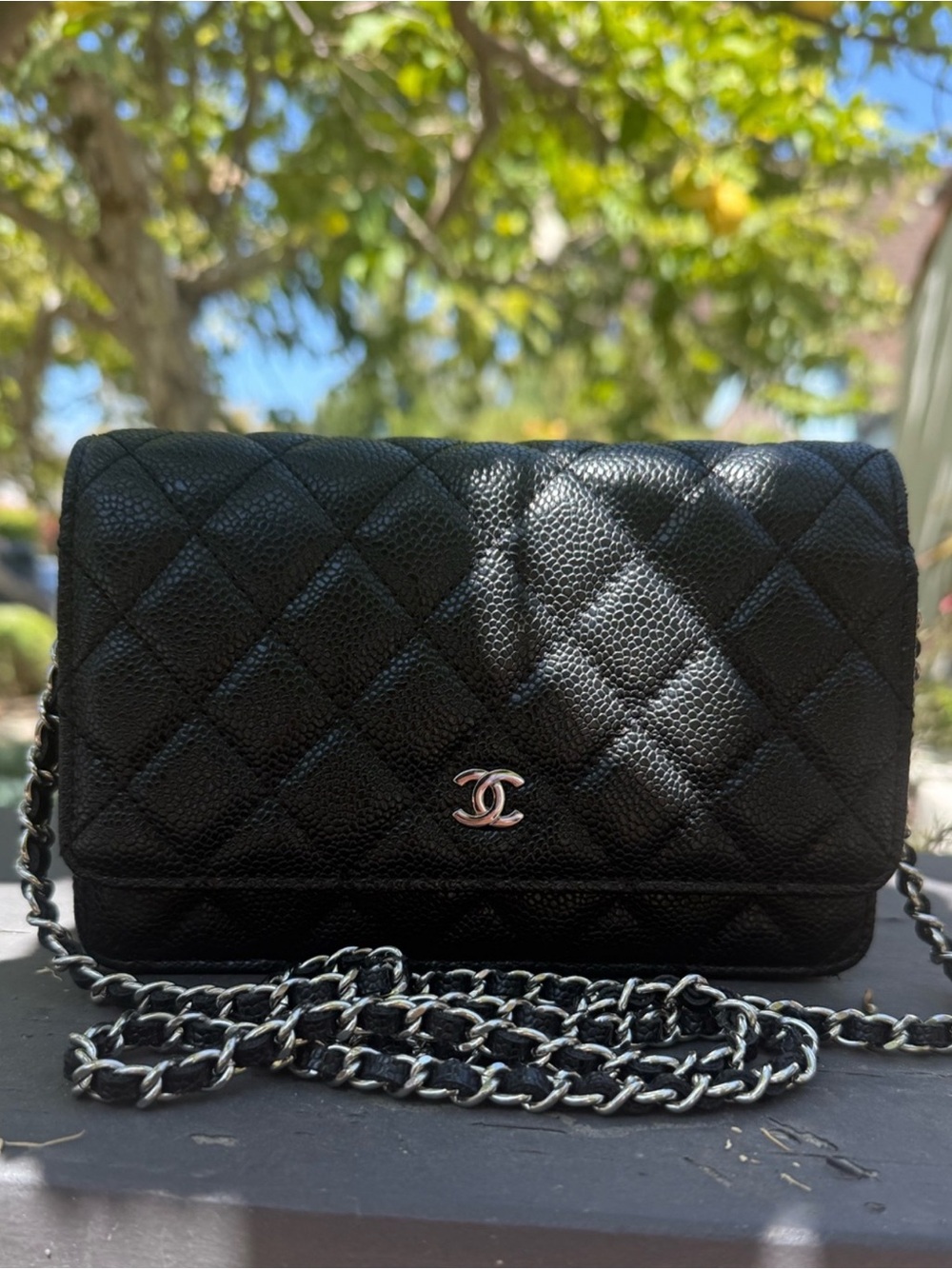 Black Quilted Caviar Leather Crossbody Bag with Silver-Tone CC